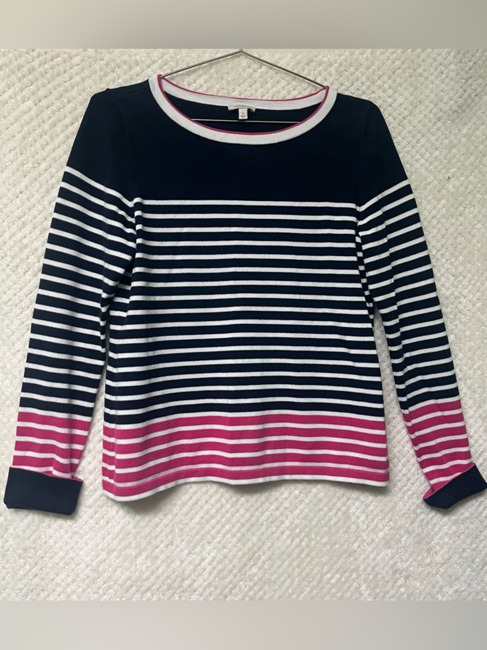 Talbots Navy White Pink Striped Crewneck Sweater 100% Cotton Classic Size SP